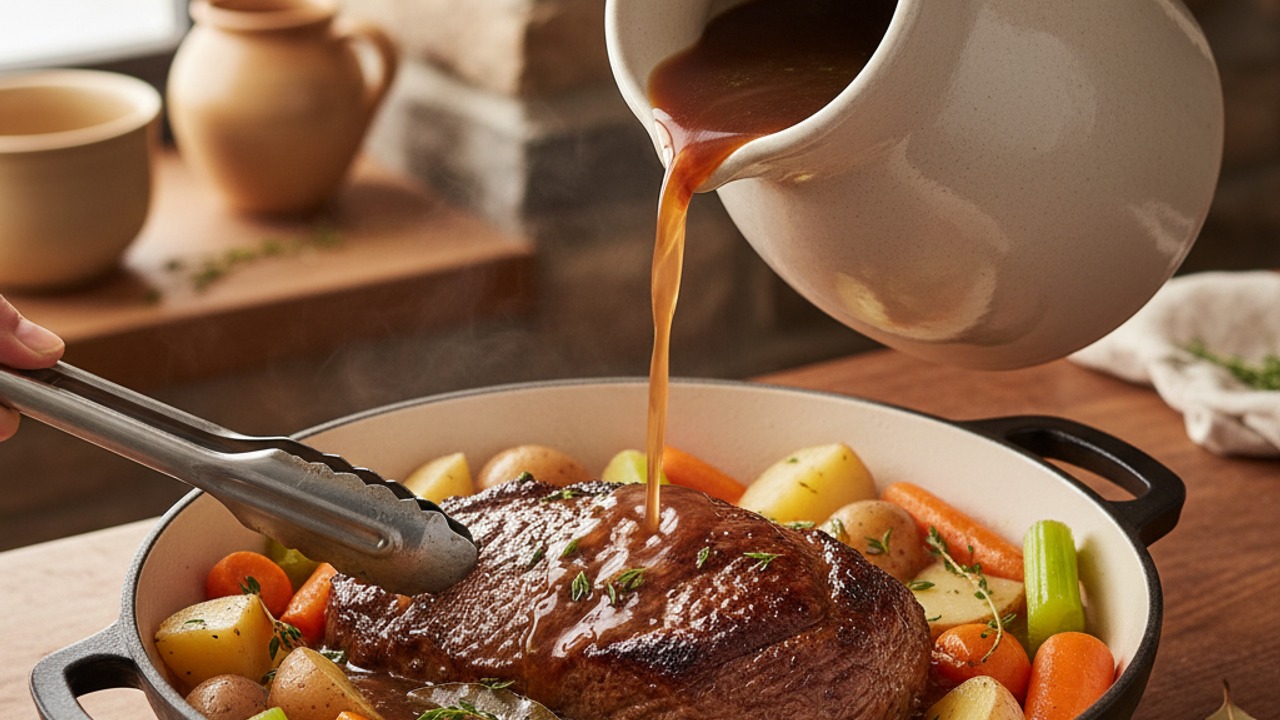 Add broth, herbs and return roast