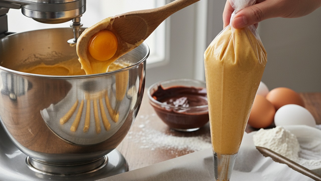 Incorporate the eggs and pipe the dough