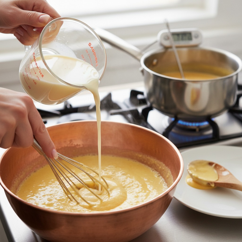 Temper and cook the custard (safety step)