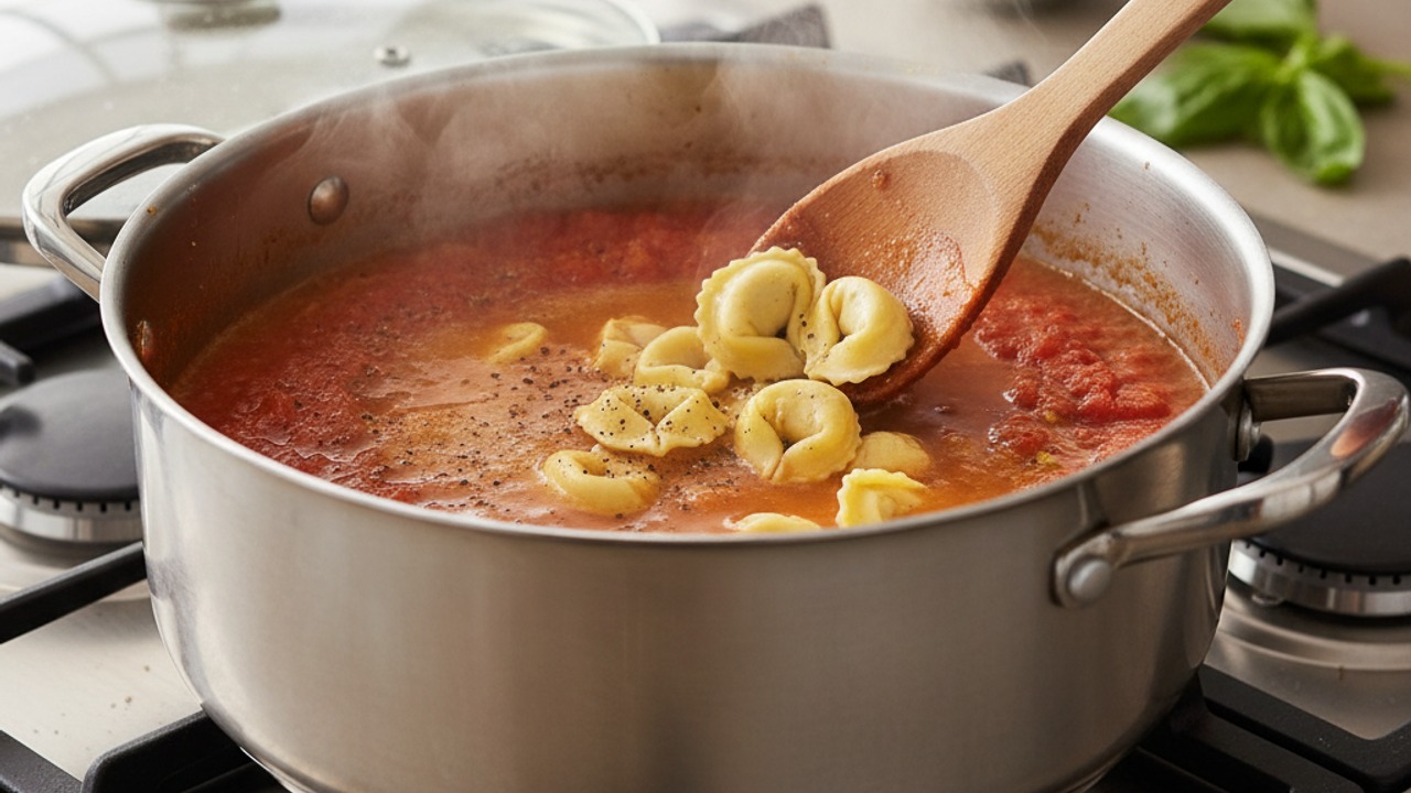 Add liquids, tomatoes and tortellini