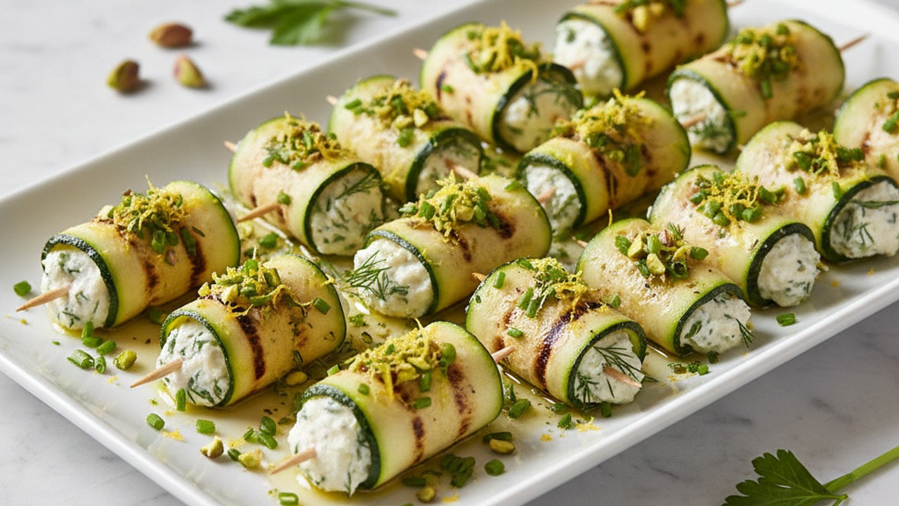 Grilled Zucchini Roll-Ups with Herbed Goat Cheese and Lemon-Pistachio Gremolata
