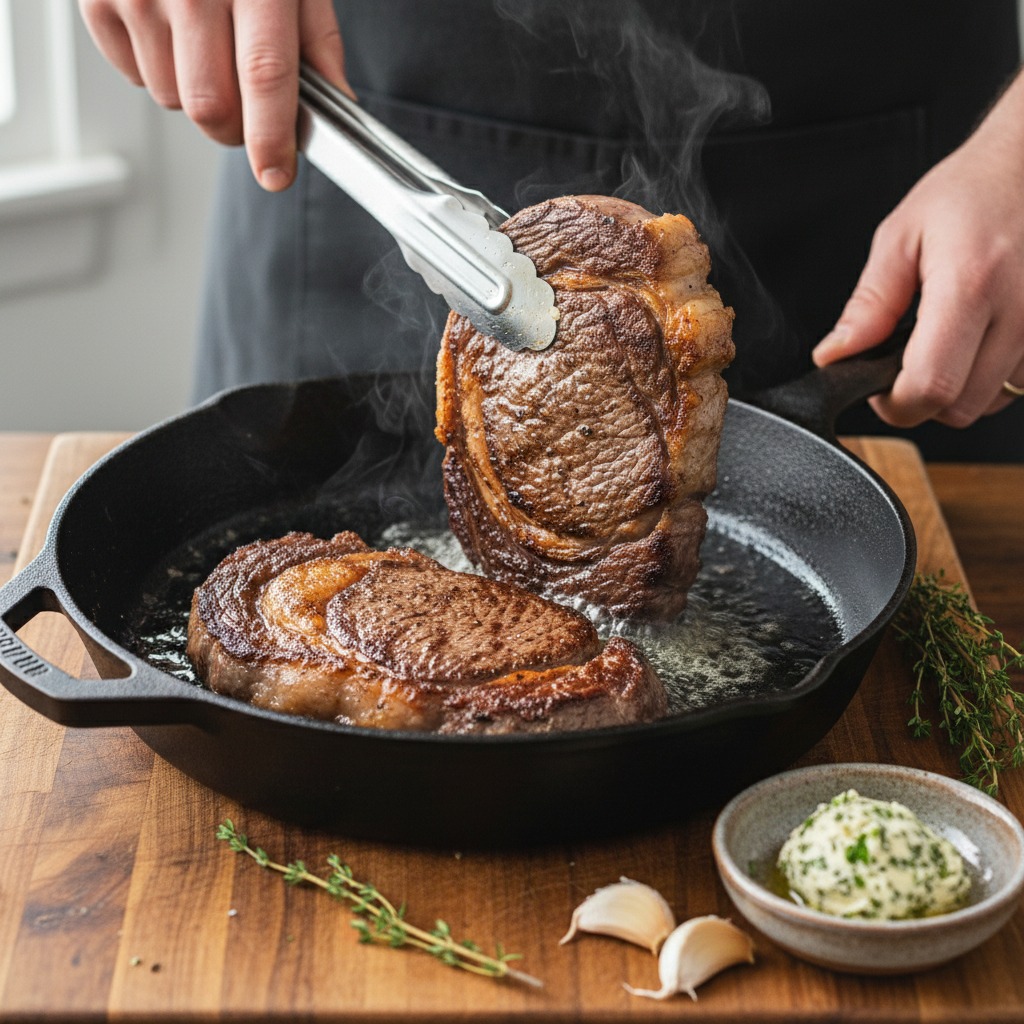 Sear the steaks to form a crust