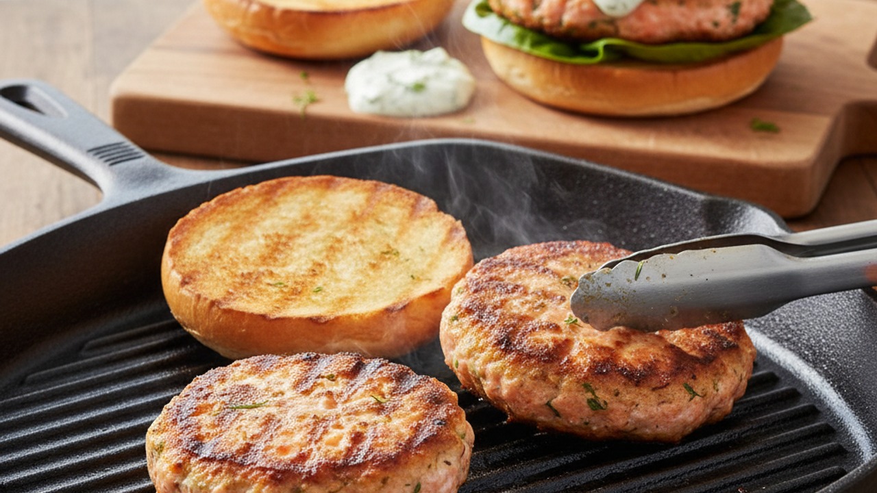 Grill, toast buns, and assemble