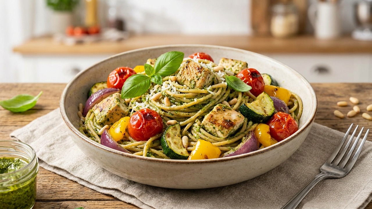 Healthy Whole-Wheat Chicken Pesto Pasta with Roasted Vegetables (30-Minute)