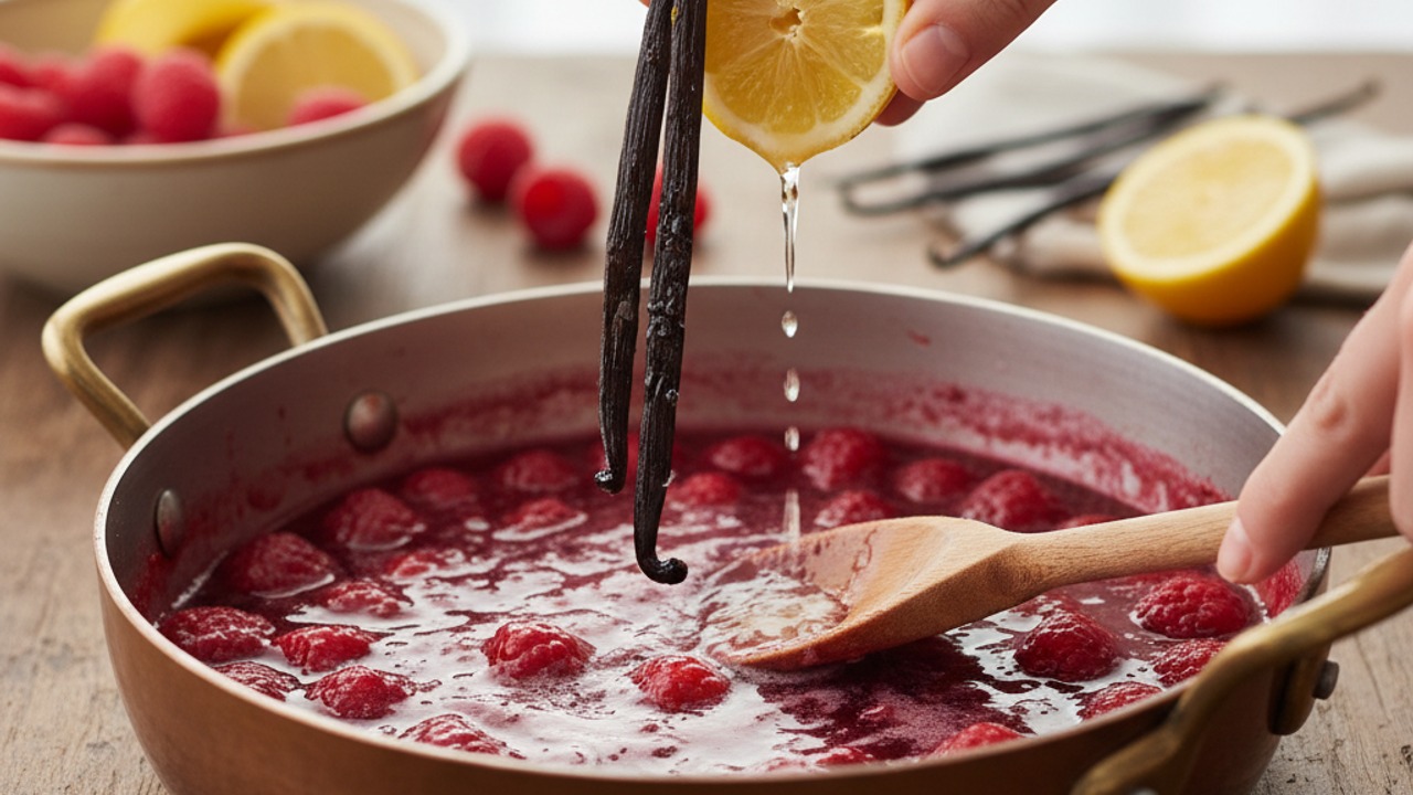 Add vanilla, lemon, and salt to steep