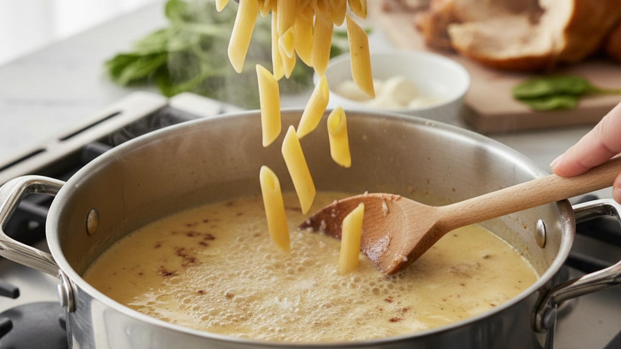 Add pasta and liquids