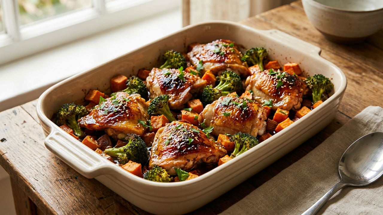 Sheet-Pan Honey Garlic Chicken Thighs with Roasted Broccoli and Sweet Potatoes