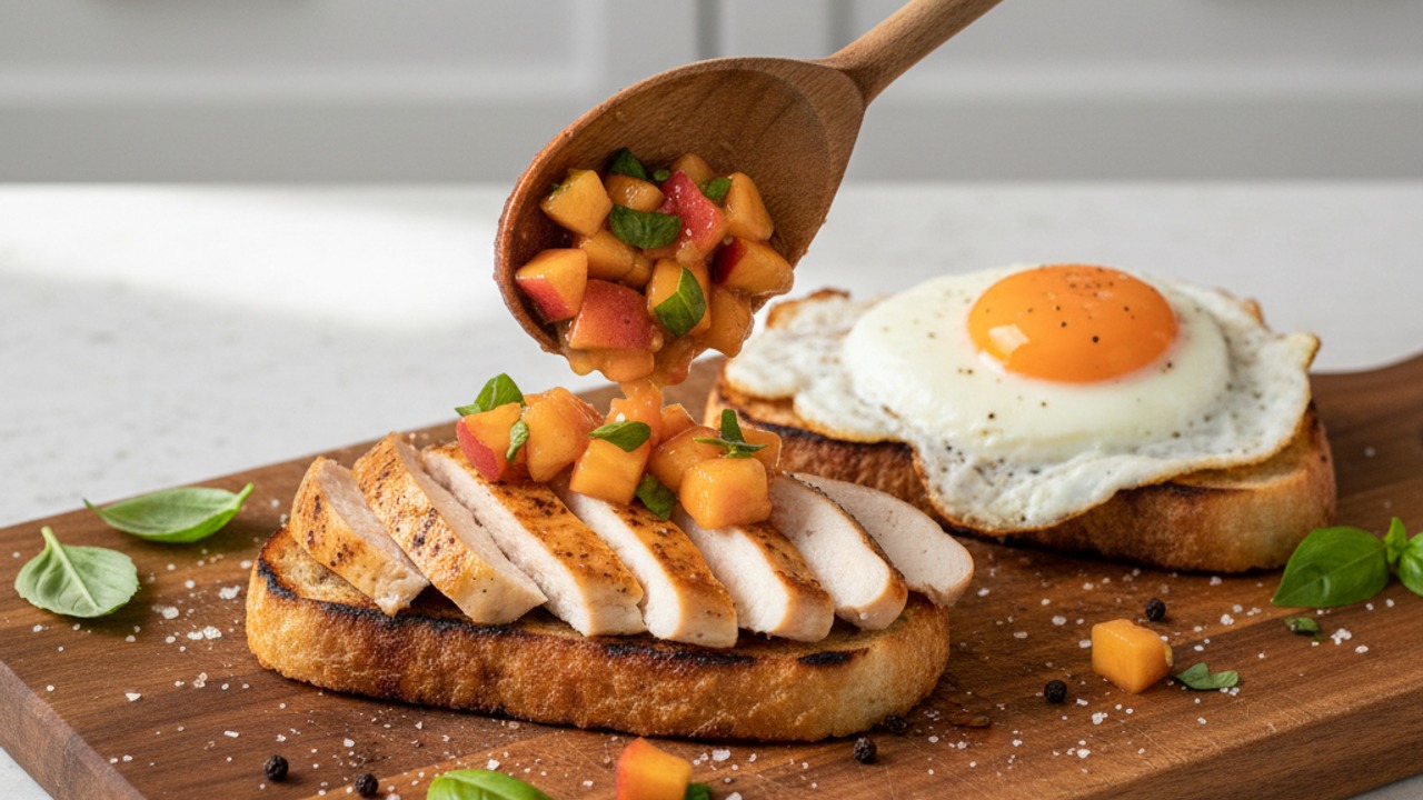 Slice chicken and assemble the toasts
