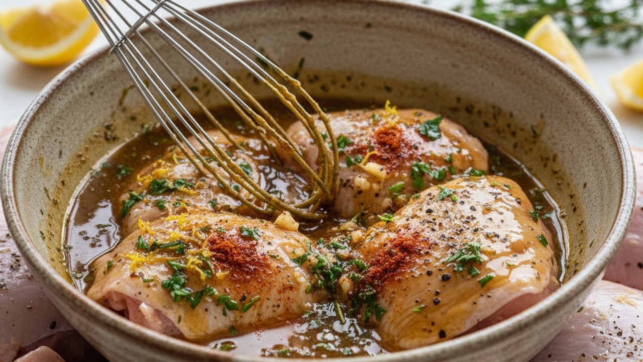 Make the marinade and marinate the thighs