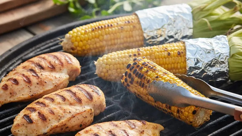 Grill chicken and char the corn