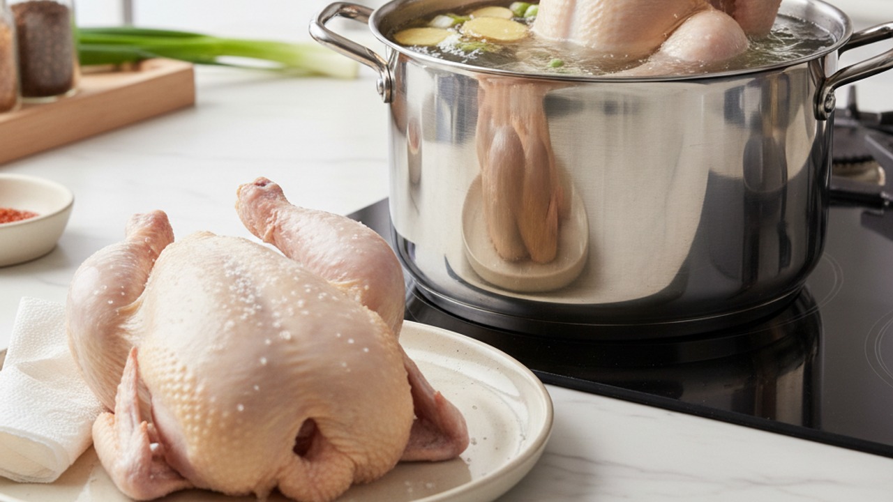 Poach the chicken and make the broth
