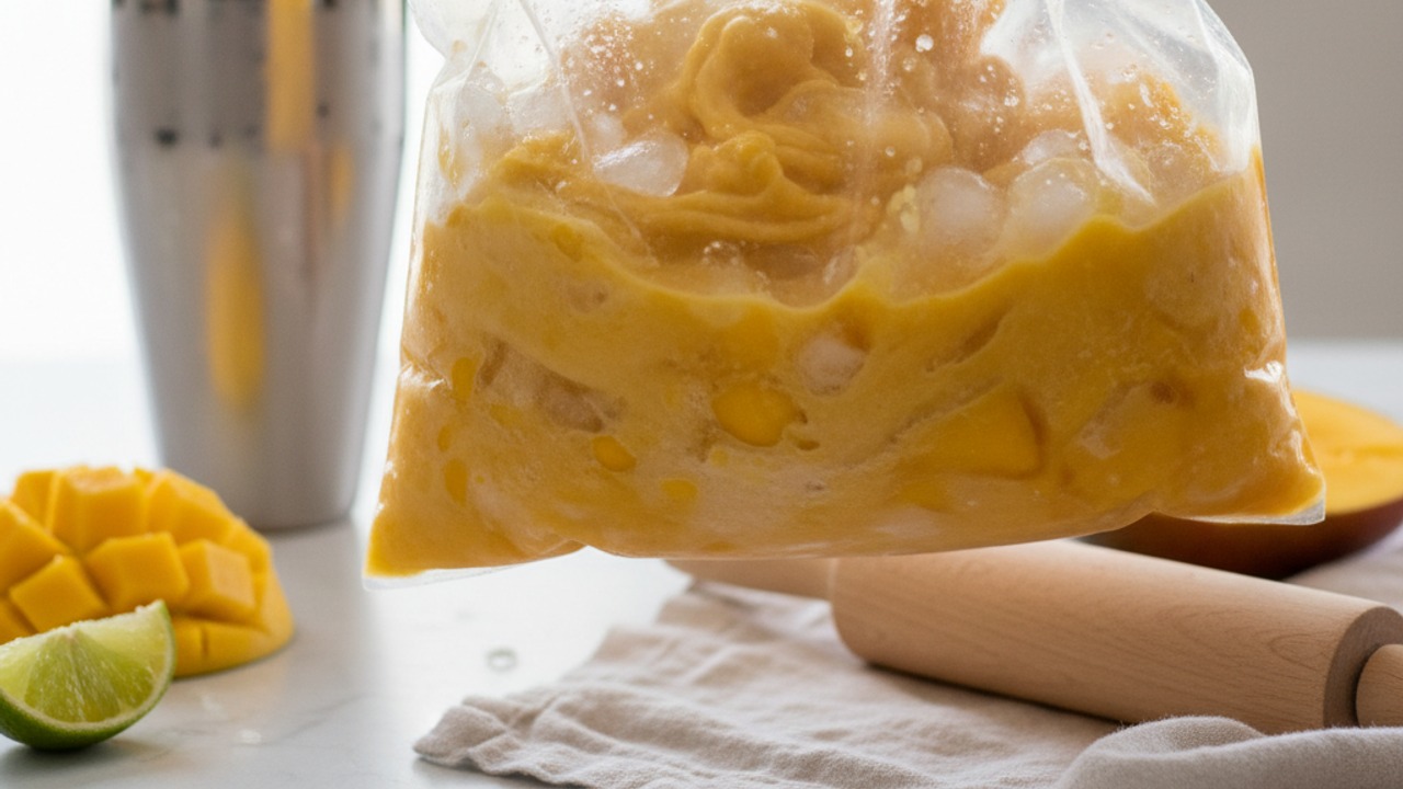 Add ice and create the slushy (blender-free hack)