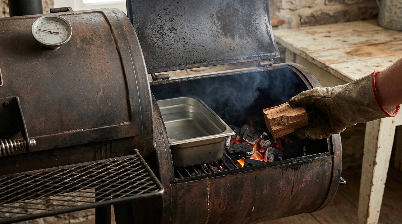 Preheat smoker and add wood