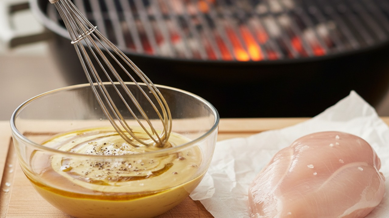 Preheat grill and make maple‑mustard marinade