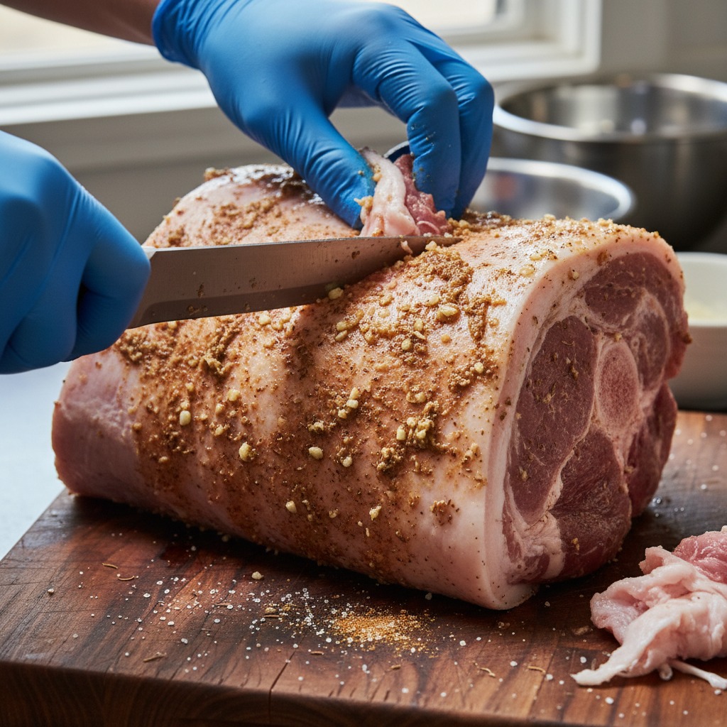 Trim and rub the pork