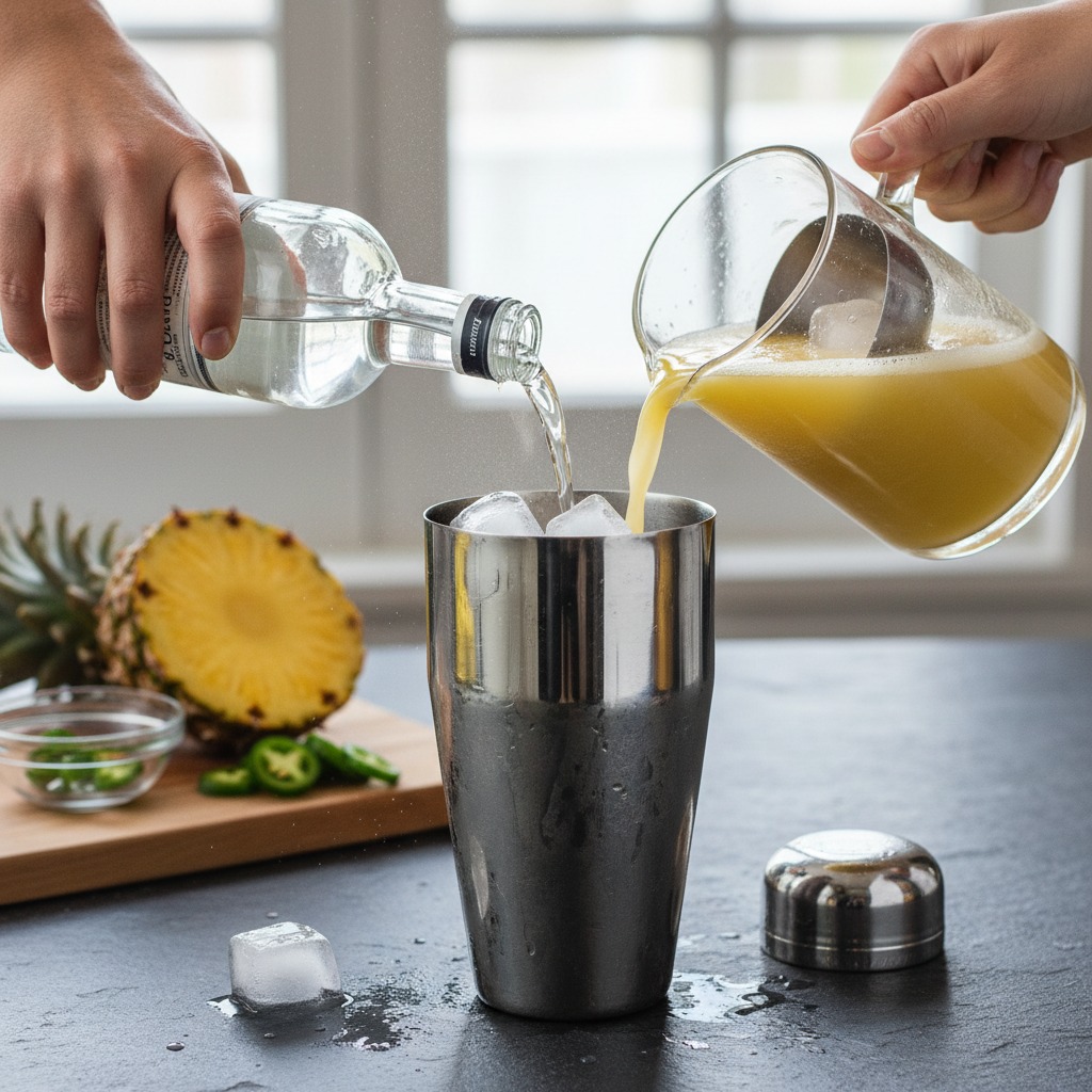 Add tequila, pineapple, and ice — then shake