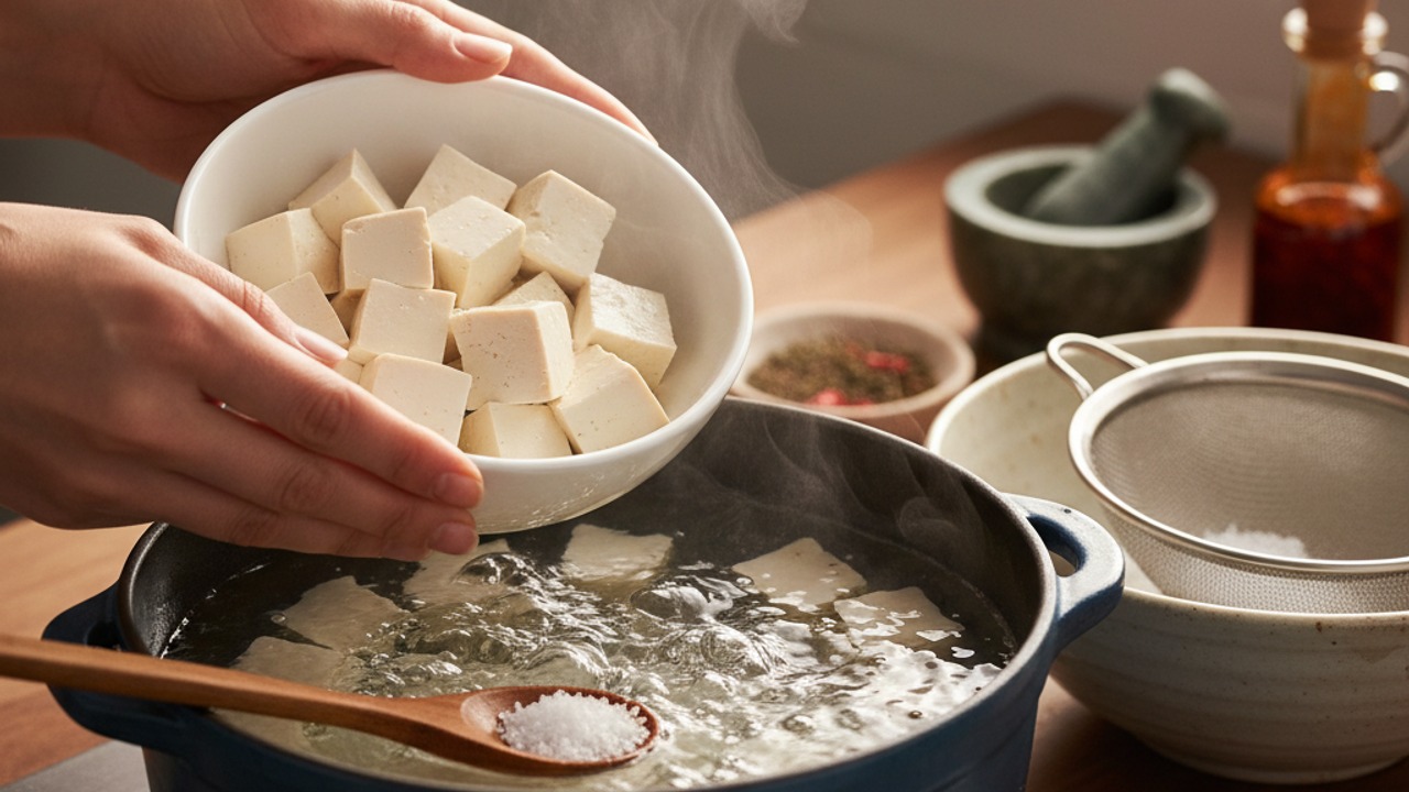 Prep and gently blanch the tofu
