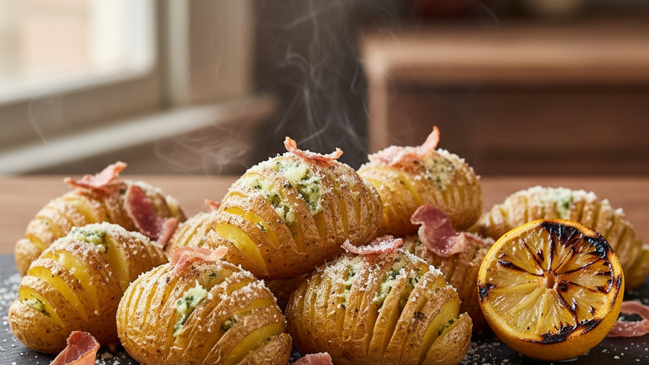 Smoky Grilled Hasselback Baby Potatoes with Garlic‑Herb Butter and Crispy Prosciutto