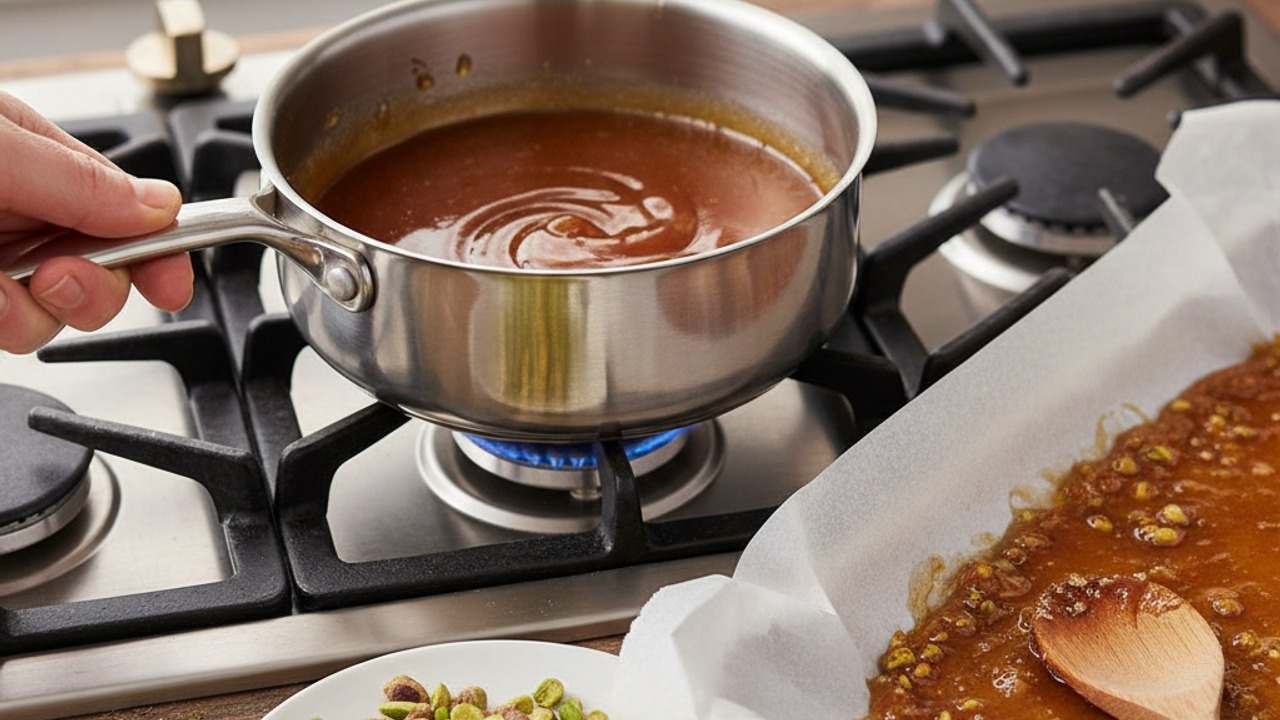 Make the pistachio praline (crunchy topping)