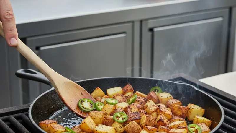 Parboil and crisp the potatoes with jalapeño