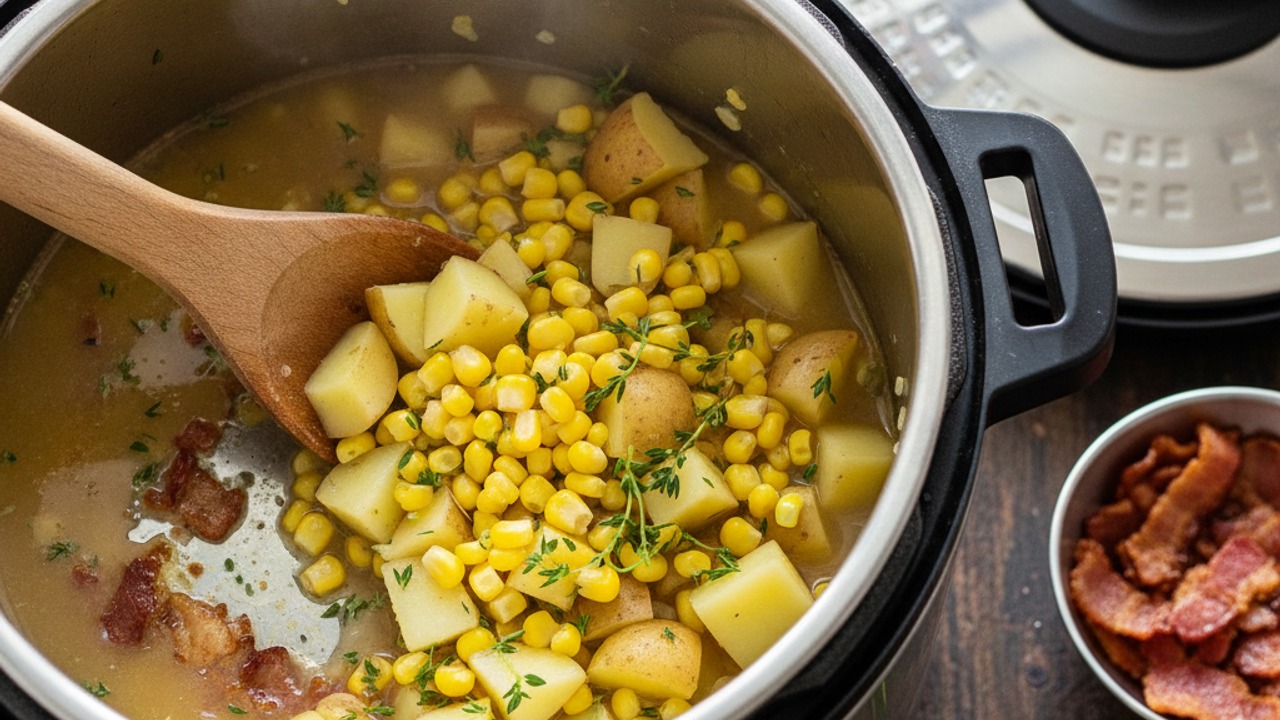 Add potatoes, corn, thyme and broth; pressure cook