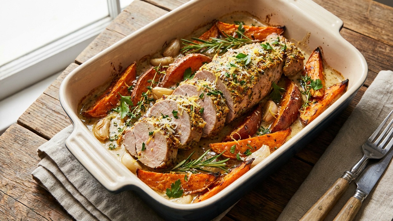 Sheet-Pan Mustard-Herb Pork Tenderloin with Roasted Sweet Potatoes and Garlic-Parmesan Pan Sauce