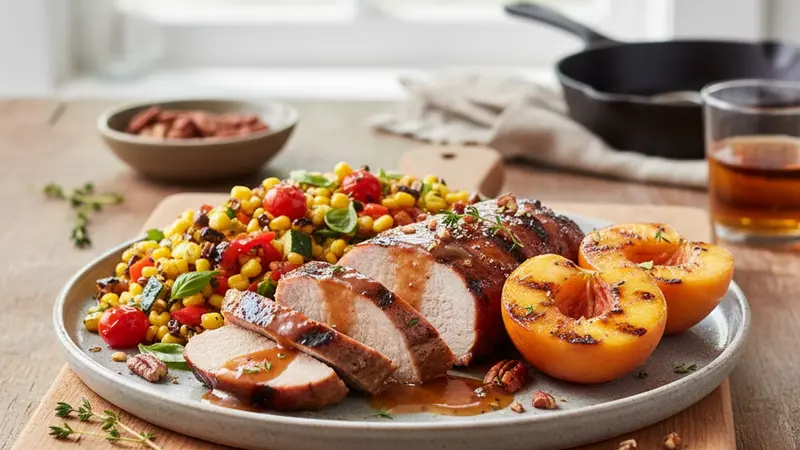 Labor Day Grilled Peach-Bourbon Pork Tenderloin with Charred Corn Succotash