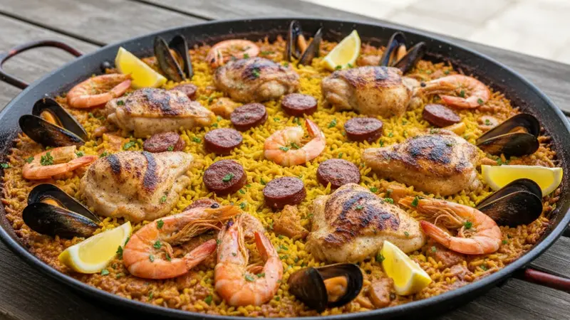 Grilled Paella for a Crowd: Charred Seafood, Chorizo & Socarrat on the Grill