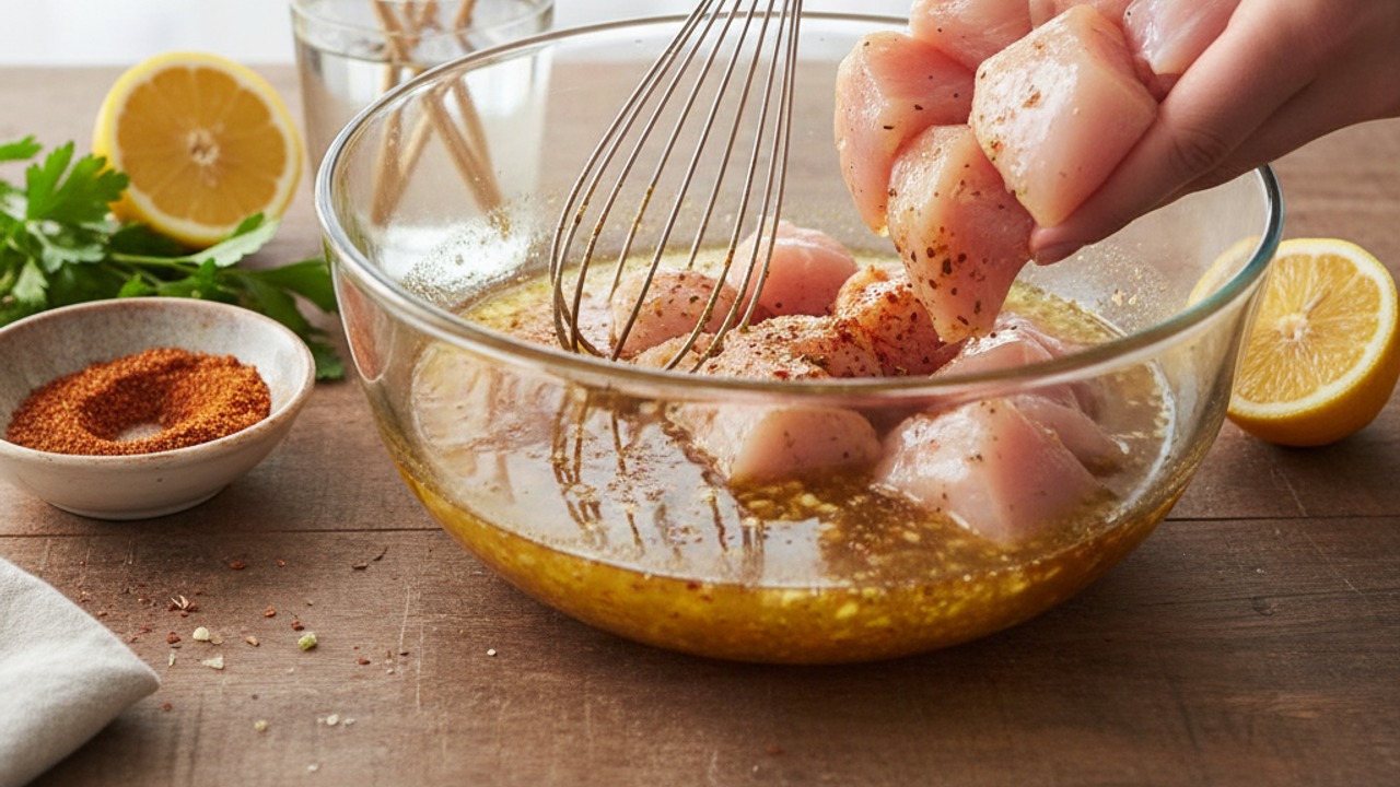 Make the marinade and toss the chicken