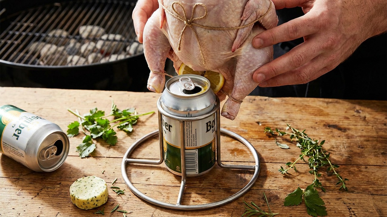 Prepare the beer can and mount the chicken