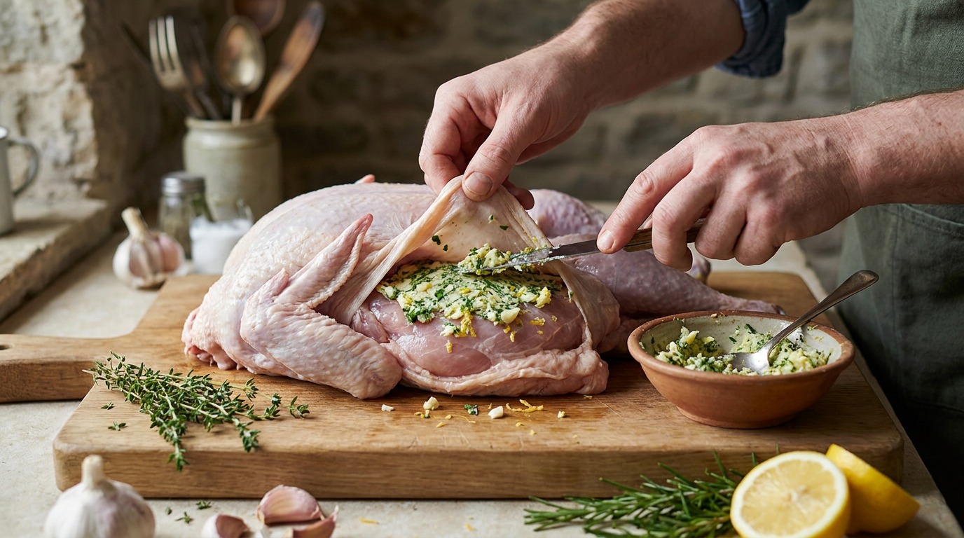 Make herb butter and coat under the skin