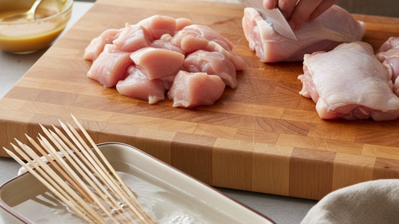 Soak skewers and prep chicken