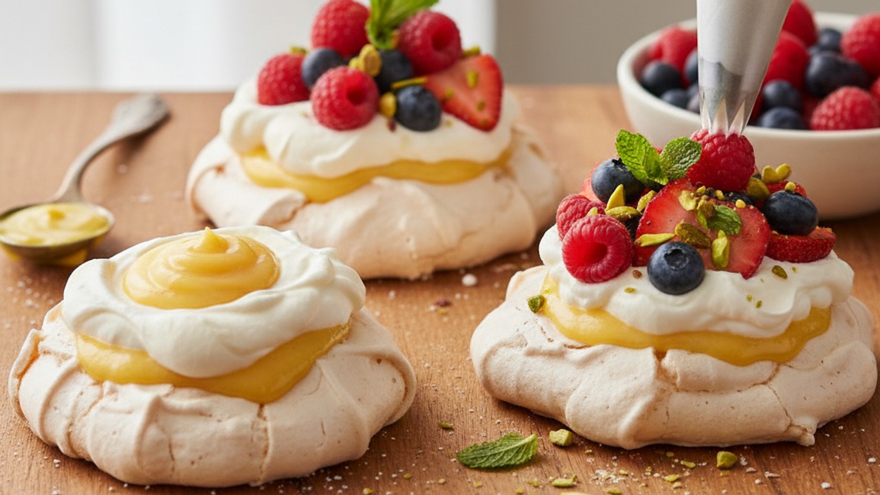 Assemble the pavlovas and garnish