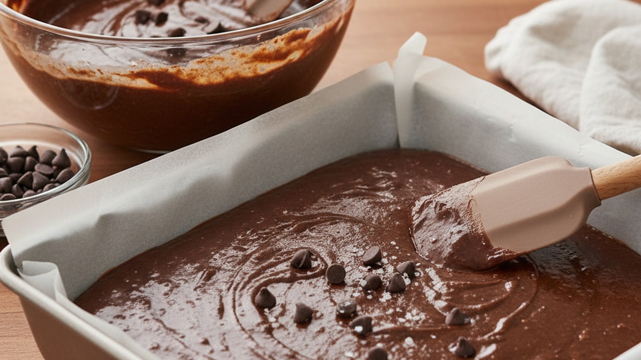 Fold in chocolate and transfer to pan