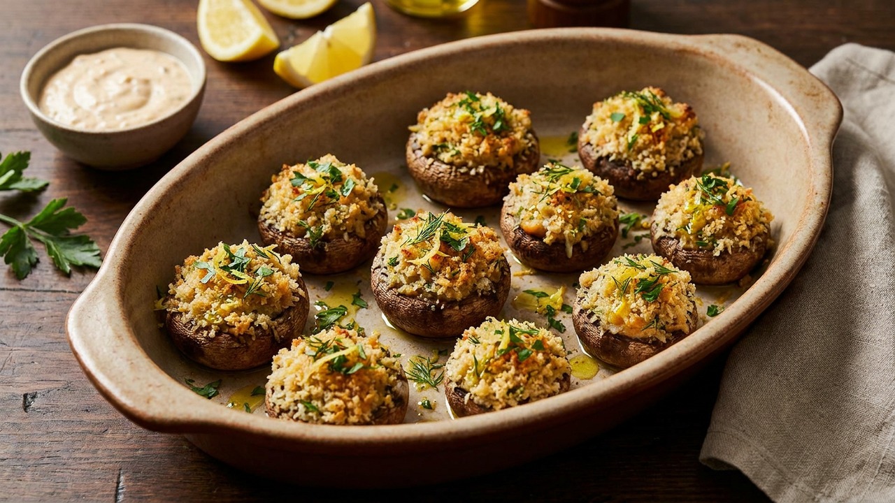 Baked Crab-Stuffed Mushrooms with Parmesan Panko and Herbs