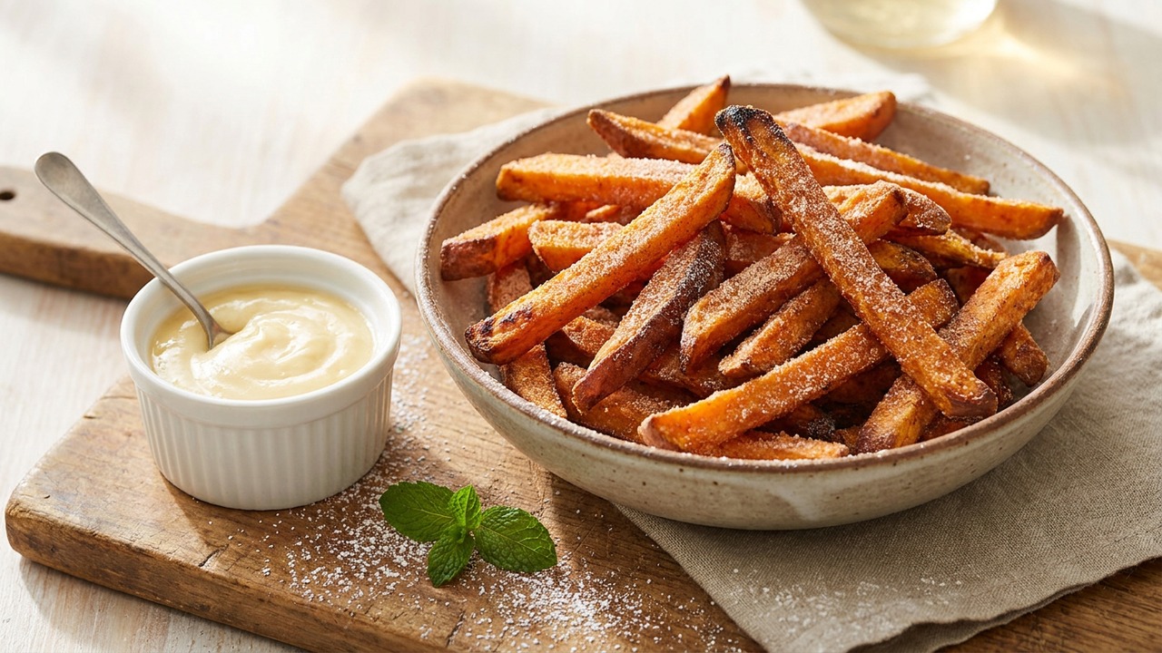 Cinnamon Sugar Crispy Sweet Potato Fries with Honey Butter Dip (Dessert Fries)