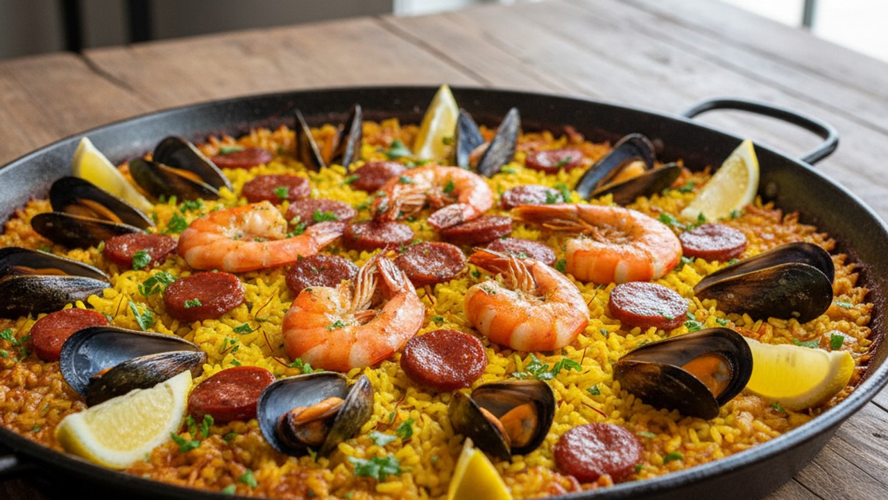 Labor Day Grilled Paella: Saffron Cast-Iron Paella with Charred Shrimp, Chorizo & Mussels