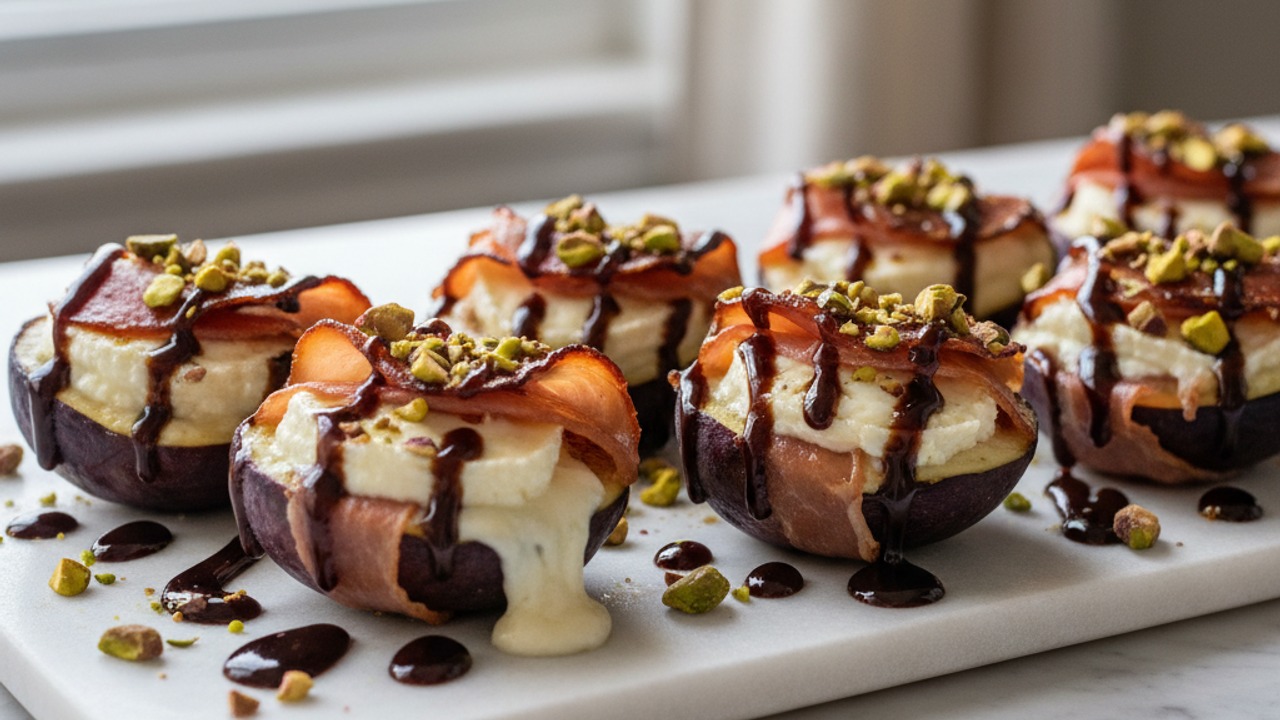 Grilled Prosciutto-Wrapped Figs with Honey-Goat Cheese, Balsamic Glaze & Toasted Pistachios