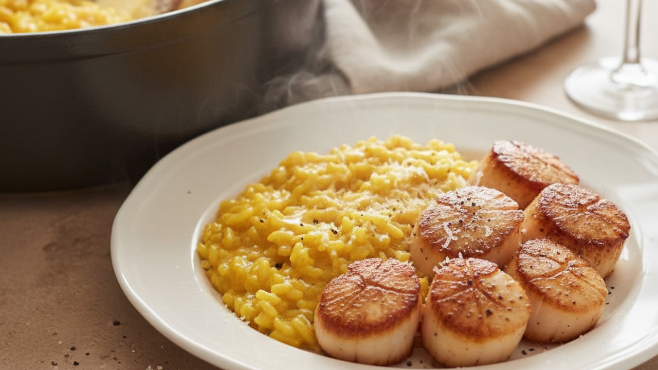 Finish with butter, Parmesan and serve with scallops