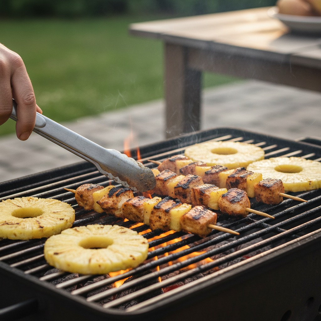 Char the chicken and pineapple on the grill