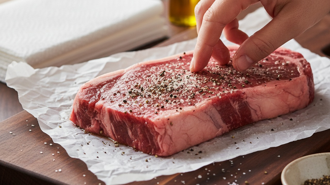 Bring steak to room temperature and season