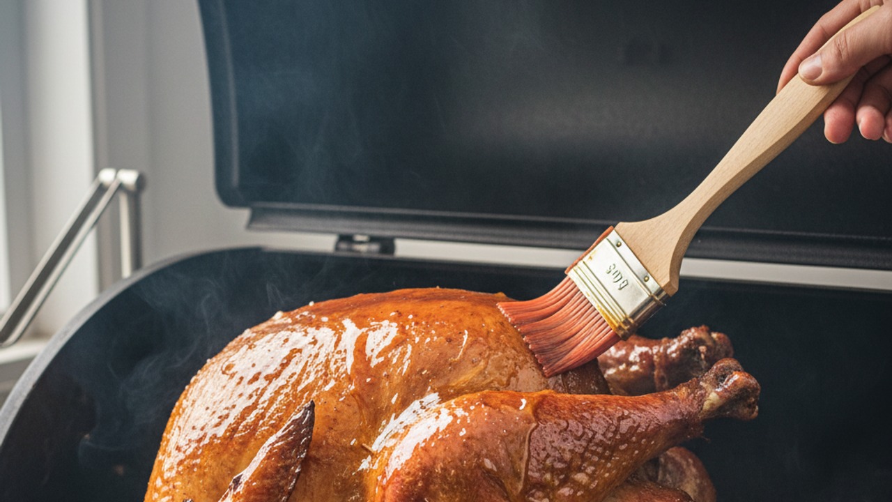 Raise heat, brush glaze, and finish roasting