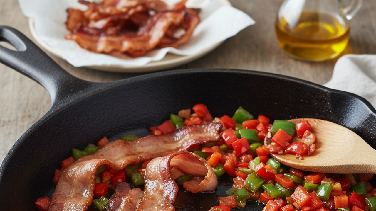 Cook bacon and soften vegetables
