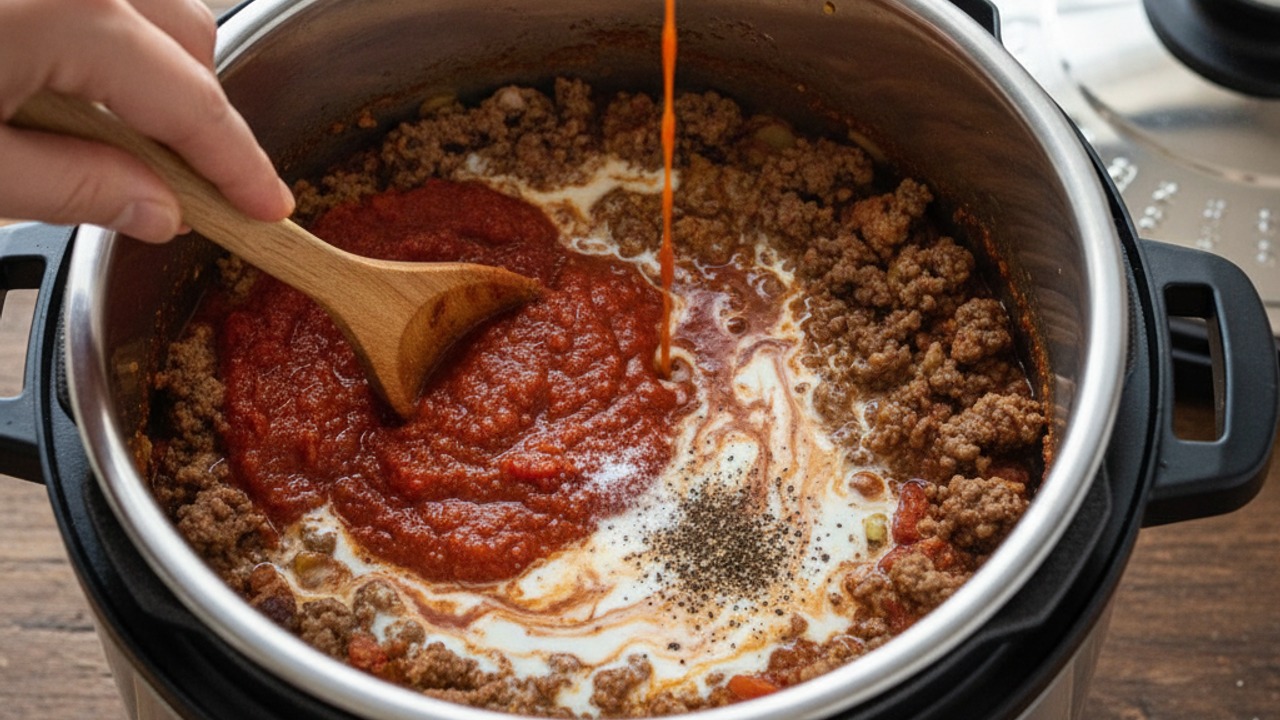 Add liquids and pressure-cook