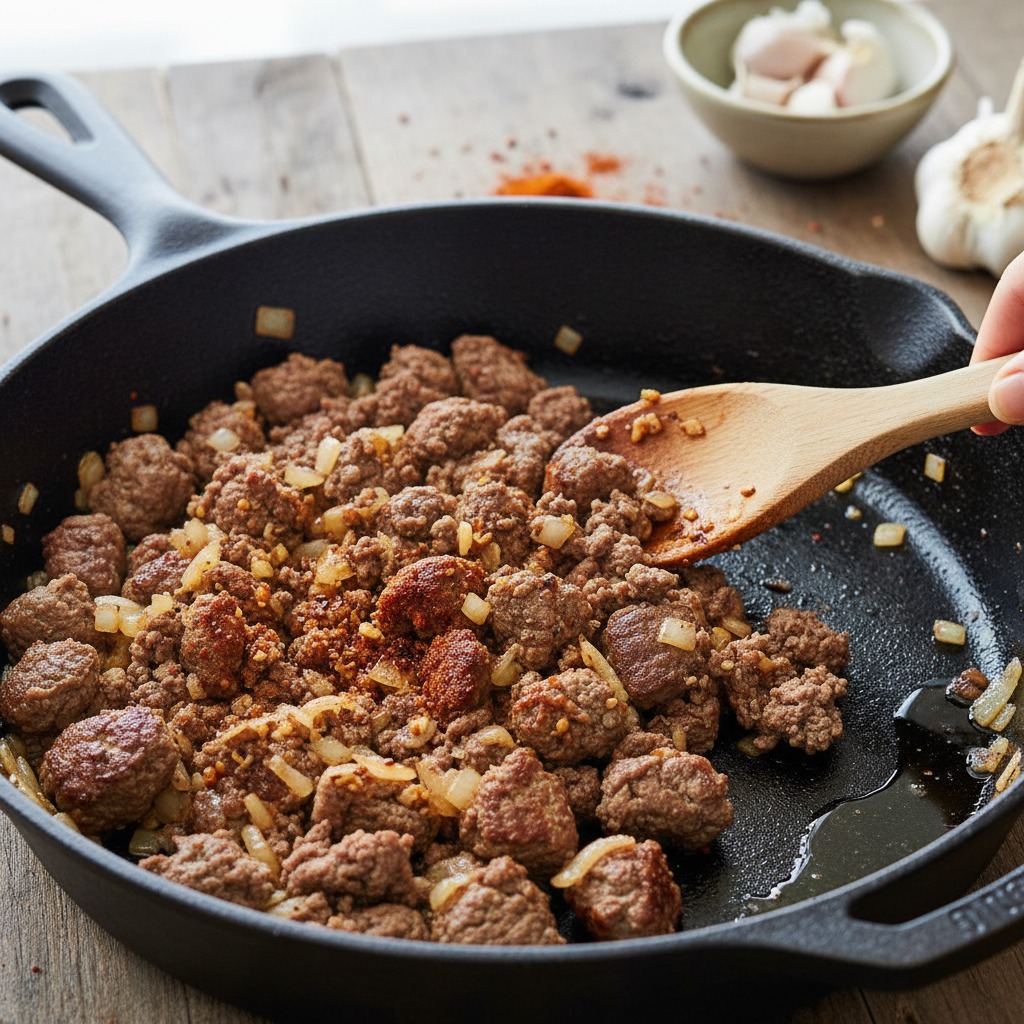 Cook aromatics and brown the meat