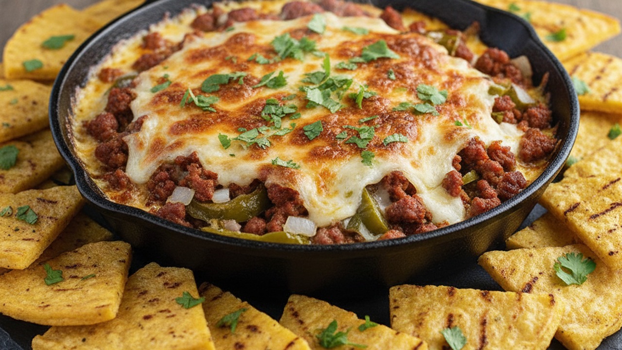 Labor Day Cast-Iron Queso Fundido on the Grill with Chorizo, Charred Poblano & Grilled Tortilla Chips