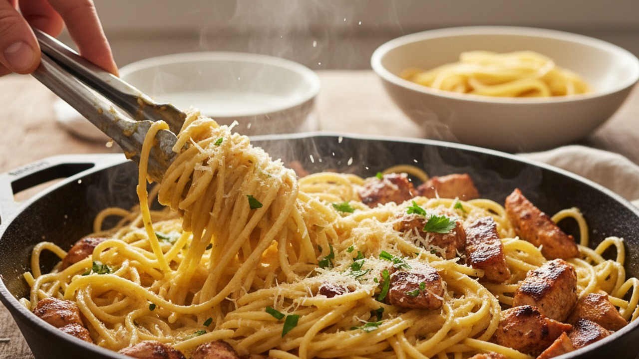 Toss pasta with sauce and smoked chicken