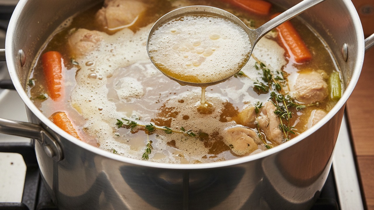 Simmer gently and skim impurities