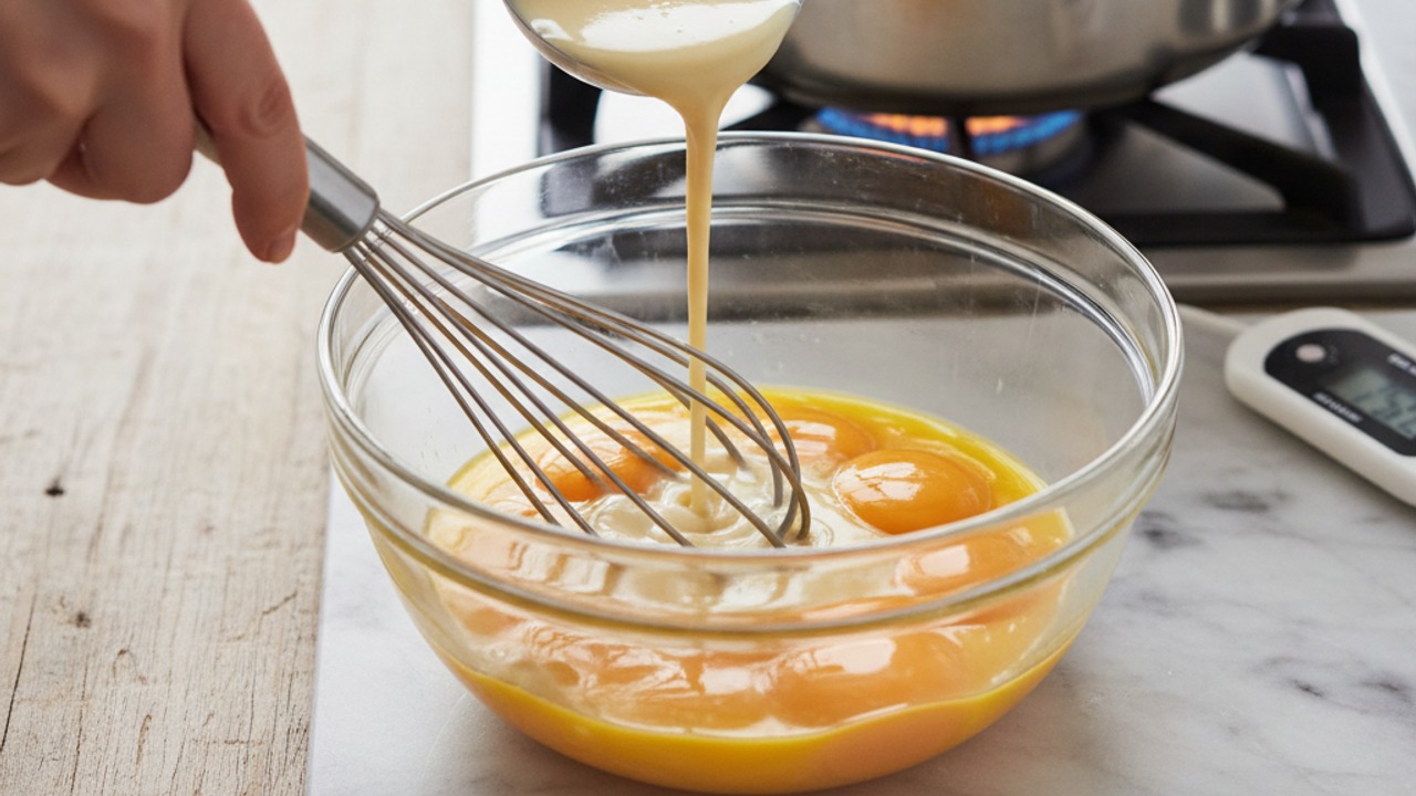 Temper yolks and cook custard