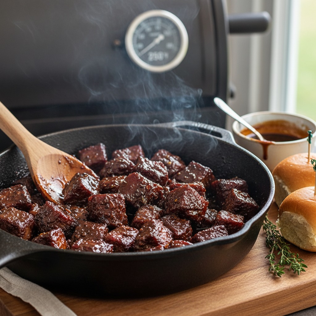 Caramelize the burnt ends and serve